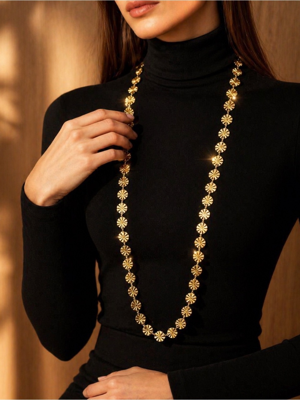 Elegant Gold Floral-Link Long Necklace - Women Jewelry